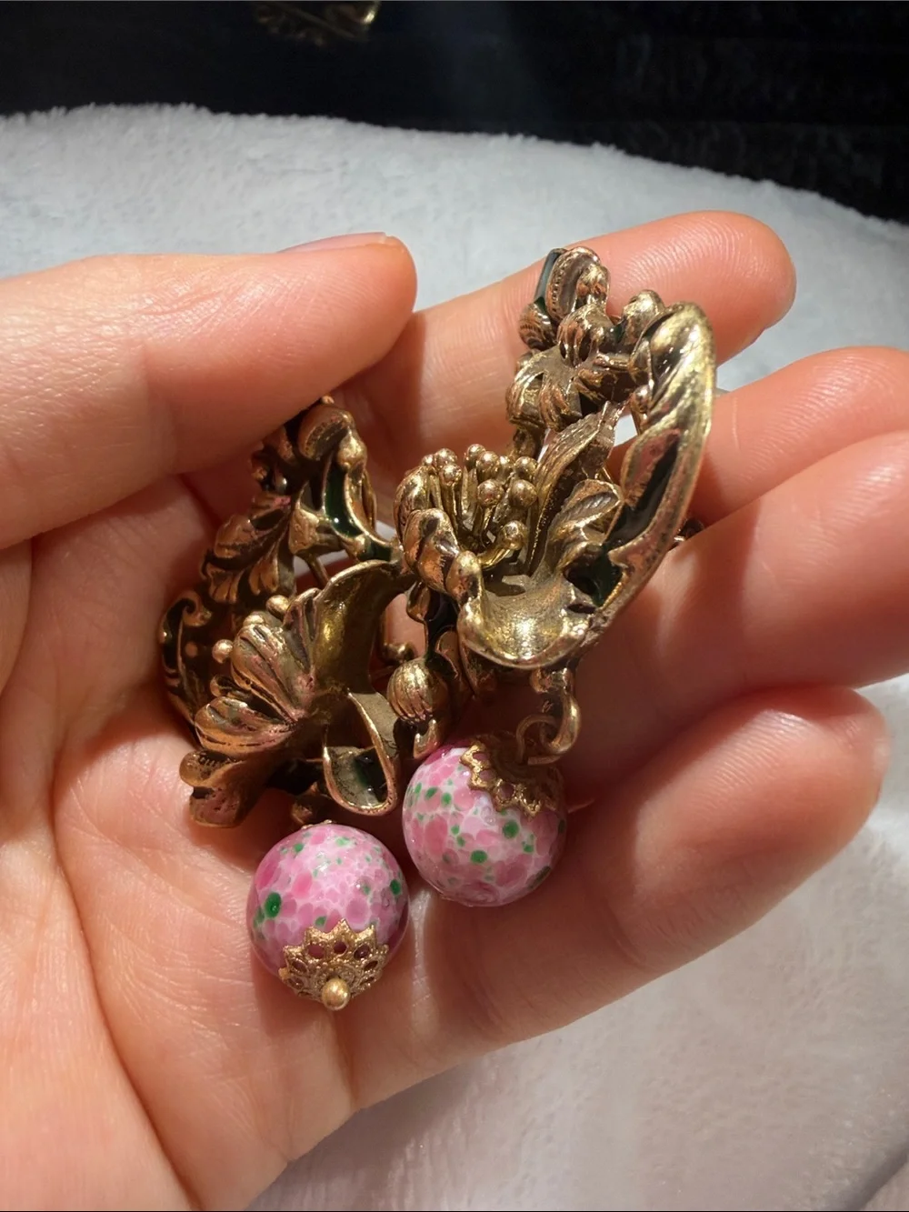 Kenneth Jay Lane Gold Floral Drop Earrings with Pink and Green Accents - Picture 3 of 6